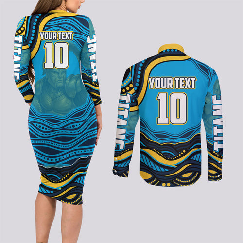 Personalized North Queensland Cowboys Couples Matching Long Sleeve Bodycon Dress and Long Sleeve Button Shirt Aboriginal Dot Art - Dreamtime Rugby Mascot