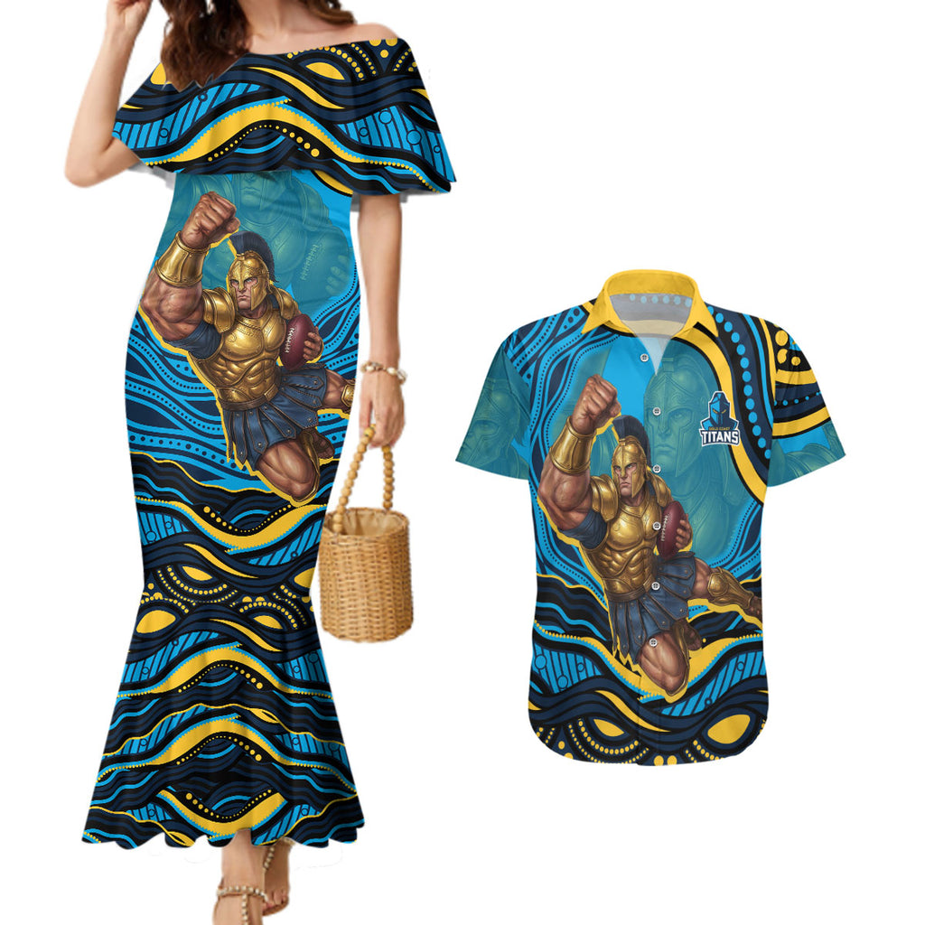 Personalized North Queensland Cowboys Couples Matching Mermaid Dress and Hawaiian Shirt Aboriginal Dot Art - Dreamtime Rugby Mascot