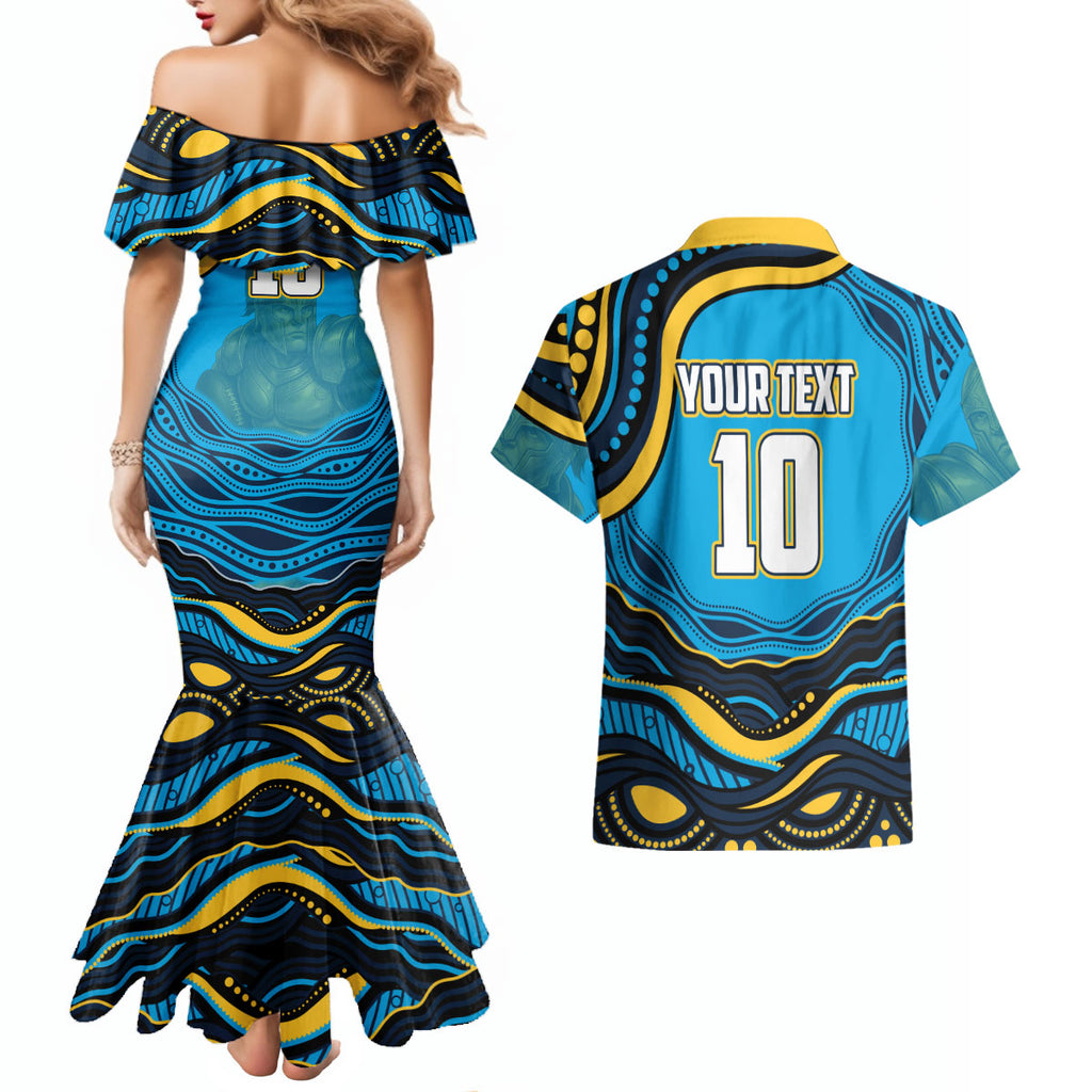 Personalized North Queensland Cowboys Couples Matching Mermaid Dress and Hawaiian Shirt Aboriginal Dot Art - Dreamtime Rugby Mascot