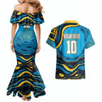 Personalized North Queensland Cowboys Couples Matching Mermaid Dress and Hawaiian Shirt Aboriginal Dot Art - Dreamtime Rugby Mascot