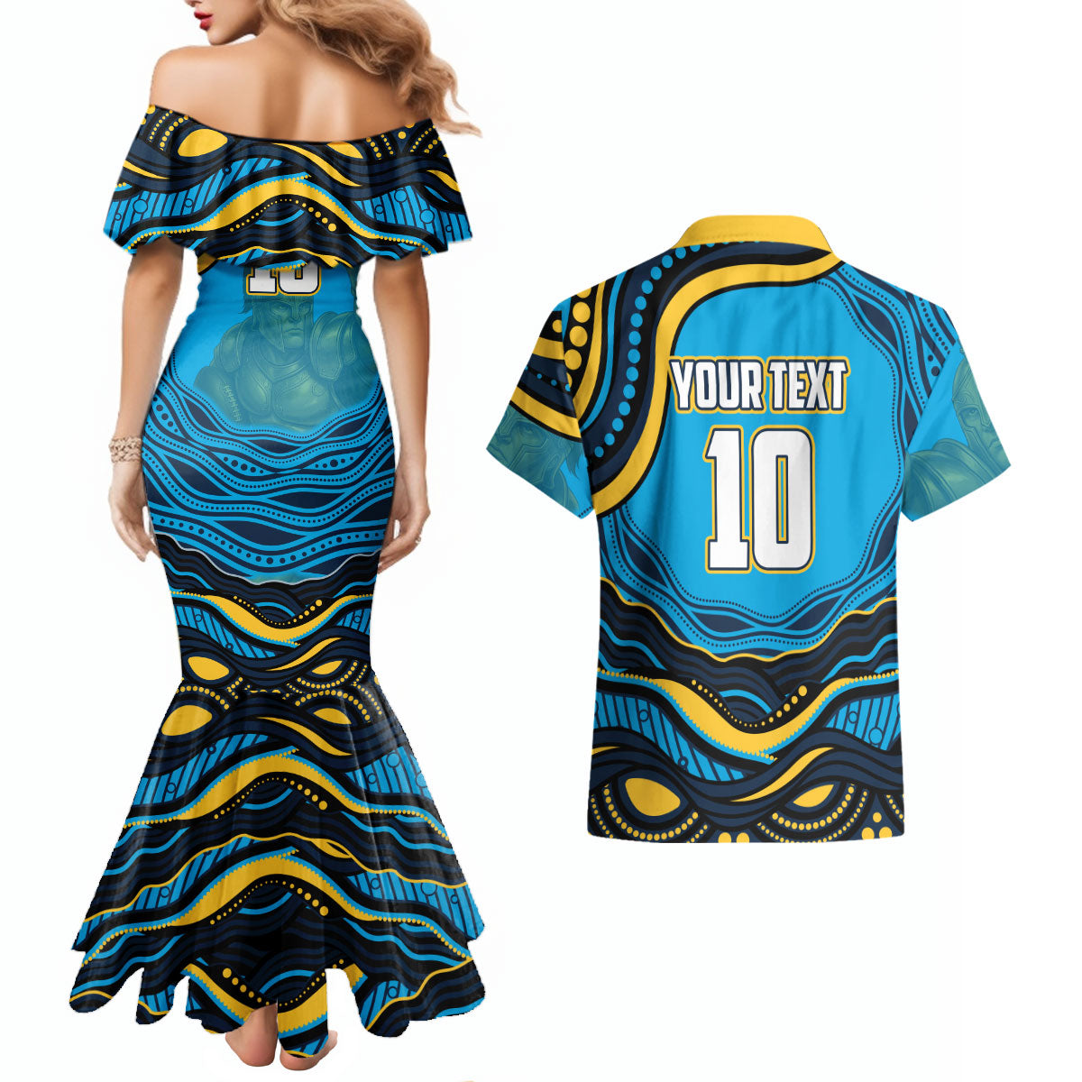 Personalized North Queensland Cowboys Couples Matching Mermaid Dress and Hawaiian Shirt Aboriginal Dot Art - Dreamtime Rugby Mascot