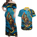 Personalized North Queensland Cowboys Couples Matching Off Shoulder Maxi Dress and Hawaiian Shirt Aboriginal Dot Art - Dreamtime Rugby Mascot