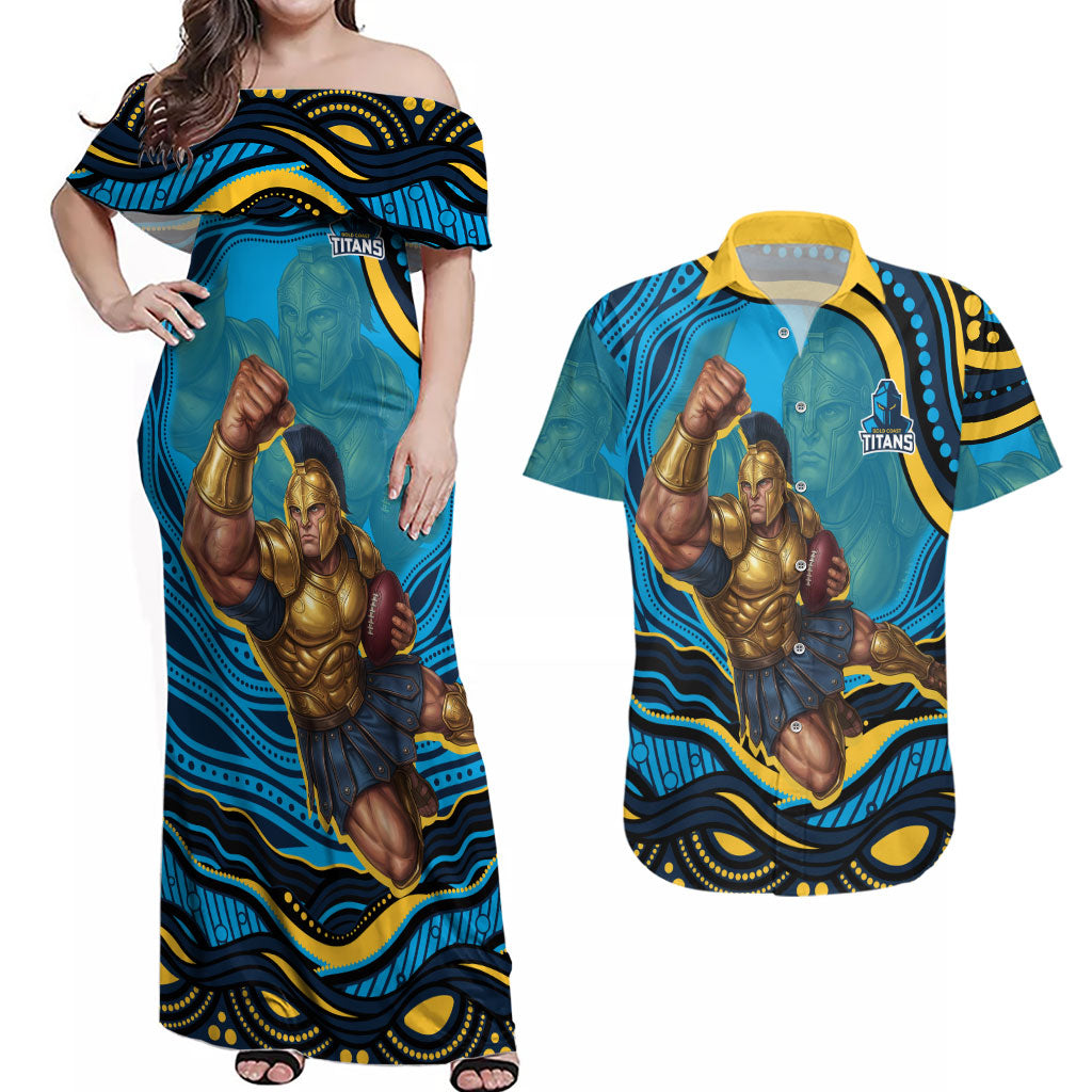 Personalized North Queensland Cowboys Couples Matching Off Shoulder Maxi Dress and Hawaiian Shirt Aboriginal Dot Art - Dreamtime Rugby Mascot