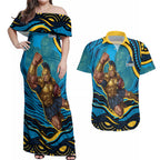 Personalized North Queensland Cowboys Couples Matching Off Shoulder Maxi Dress and Hawaiian Shirt Aboriginal Dot Art - Dreamtime Rugby Mascot