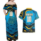 Personalized North Queensland Cowboys Couples Matching Off Shoulder Maxi Dress and Hawaiian Shirt Aboriginal Dot Art - Dreamtime Rugby Mascot