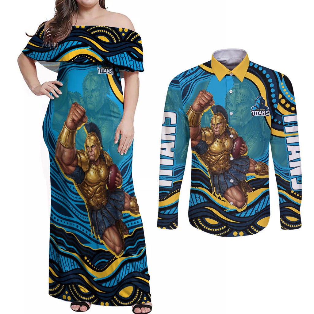 Personalized North Queensland Cowboys Couples Matching Off Shoulder Maxi Dress and Long Sleeve Button Shirt Aboriginal Dot Art - Dreamtime Rugby Mascot