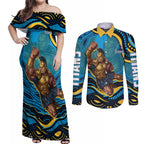 Personalized North Queensland Cowboys Couples Matching Off Shoulder Maxi Dress and Long Sleeve Button Shirt Aboriginal Dot Art - Dreamtime Rugby Mascot