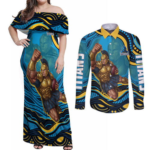 Personalized North Queensland Cowboys Couples Matching Off Shoulder Maxi Dress and Long Sleeve Button Shirt Aboriginal Dot Art - Dreamtime Rugby Mascot