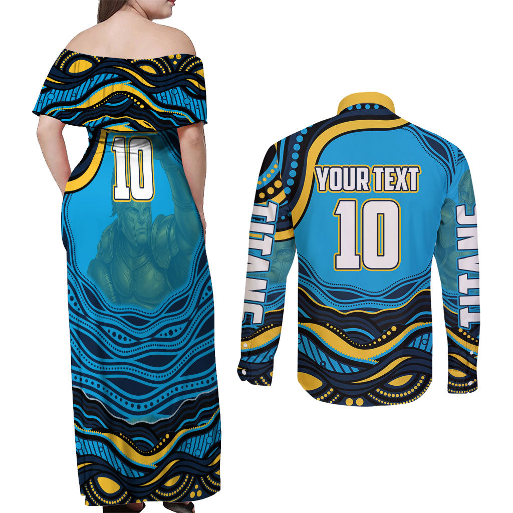 Personalized North Queensland Cowboys Couples Matching Off Shoulder Maxi Dress and Long Sleeve Button Shirt Aboriginal Dot Art - Dreamtime Rugby Mascot