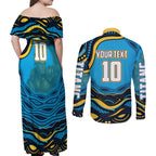 Personalized North Queensland Cowboys Couples Matching Off Shoulder Maxi Dress and Long Sleeve Button Shirt Aboriginal Dot Art - Dreamtime Rugby Mascot