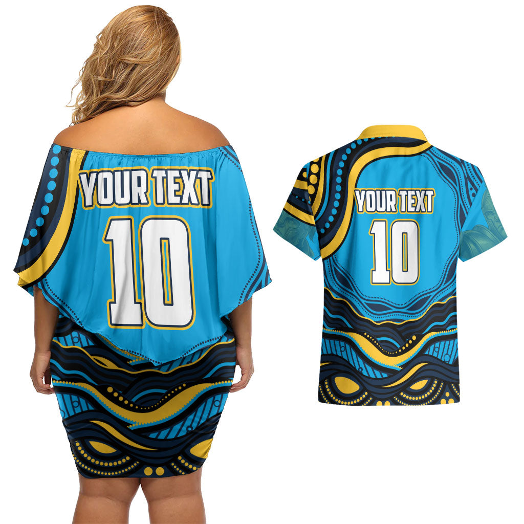 Personalized North Queensland Cowboys Couples Matching Off Shoulder Short Dress and Hawaiian Shirt Aboriginal Dot Art - Dreamtime Rugby Mascot
