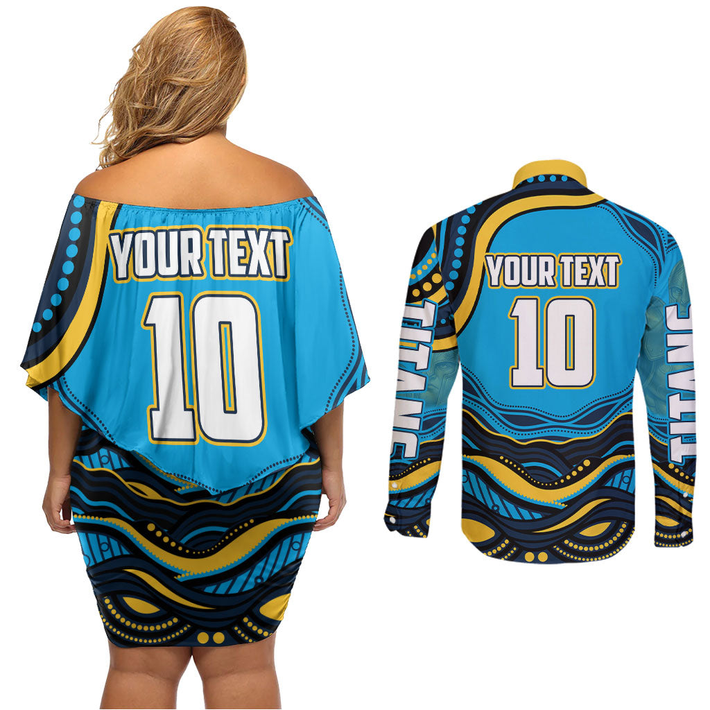 Personalized North Queensland Cowboys Couples Matching Off Shoulder Short Dress and Long Sleeve Button Shirt Aboriginal Dot Art - Dreamtime Rugby Mascot
