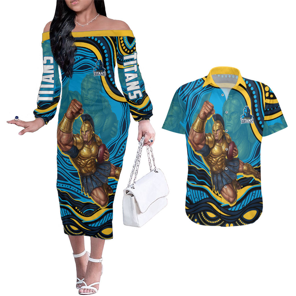 Personalized North Queensland Cowboys Couples Matching Off The Shoulder Long Sleeve Dress and Hawaiian Shirt Aboriginal Dot Art - Dreamtime Rugby Mascot