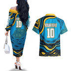 Personalized North Queensland Cowboys Couples Matching Off The Shoulder Long Sleeve Dress and Hawaiian Shirt Aboriginal Dot Art - Dreamtime Rugby Mascot