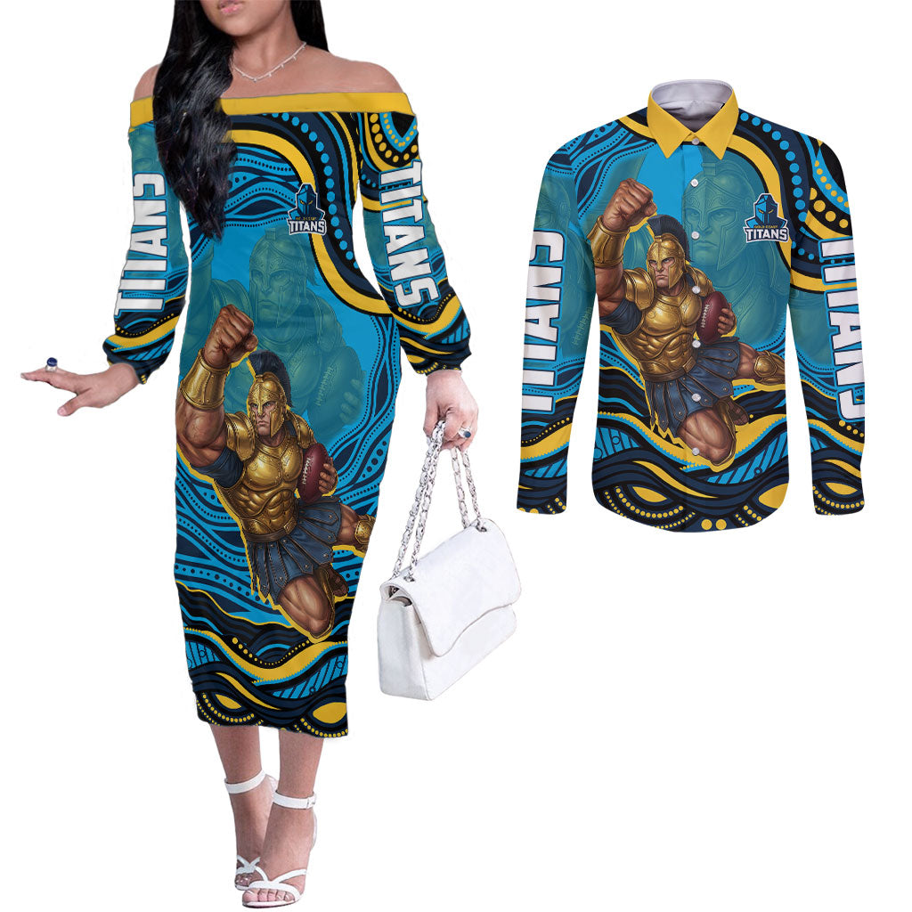 Personalized North Queensland Cowboys Couples Matching Off The Shoulder Long Sleeve Dress and Long Sleeve Button Shirt Aboriginal Dot Art - Dreamtime Rugby Mascot