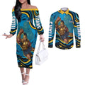 Personalized North Queensland Cowboys Couples Matching Off The Shoulder Long Sleeve Dress and Long Sleeve Button Shirt Aboriginal Dot Art - Dreamtime Rugby Mascot