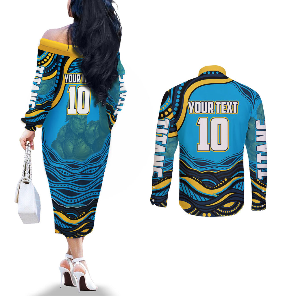 Personalized North Queensland Cowboys Couples Matching Off The Shoulder Long Sleeve Dress and Long Sleeve Button Shirt Aboriginal Dot Art - Dreamtime Rugby Mascot