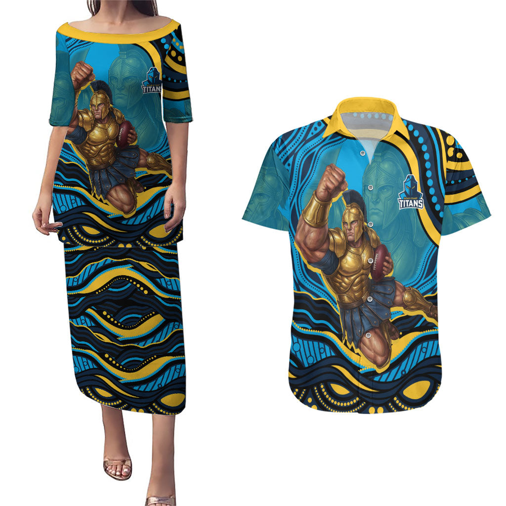 Personalized North Queensland Cowboys Couples Matching Puletasi and Hawaiian Shirt Aboriginal Dot Art - Dreamtime Rugby Mascot