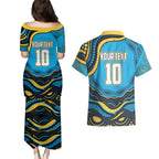Personalized North Queensland Cowboys Couples Matching Puletasi and Hawaiian Shirt Aboriginal Dot Art - Dreamtime Rugby Mascot