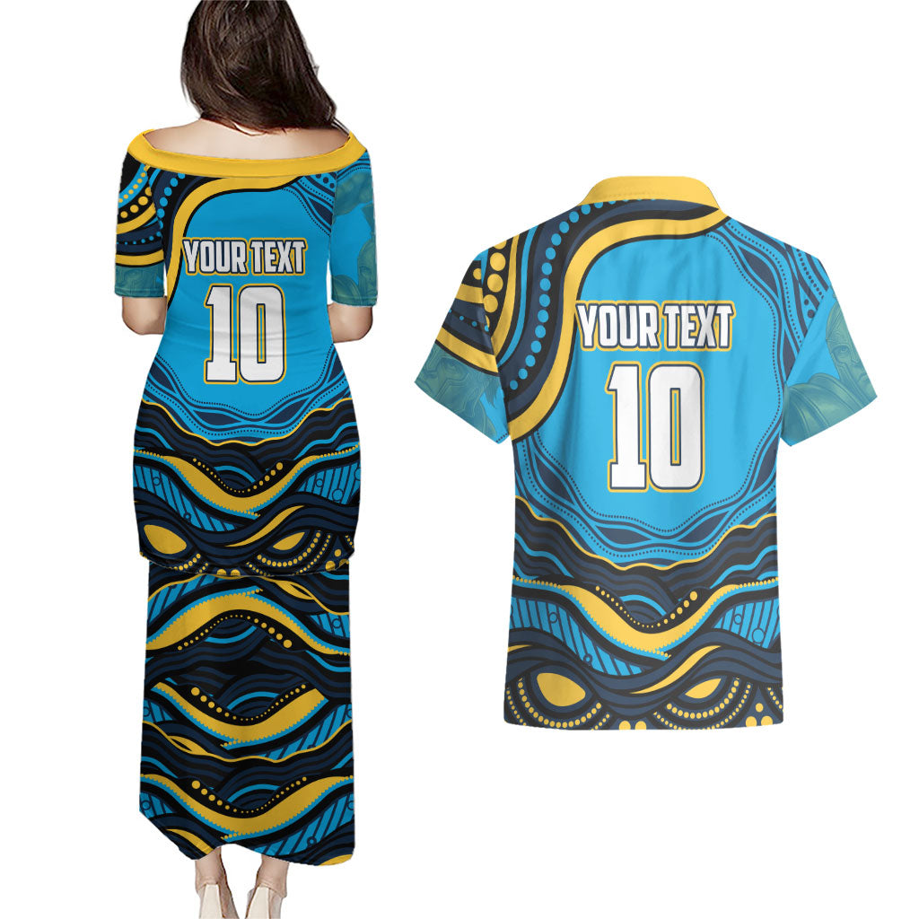 Personalized North Queensland Cowboys Couples Matching Puletasi and Hawaiian Shirt Aboriginal Dot Art - Dreamtime Rugby Mascot