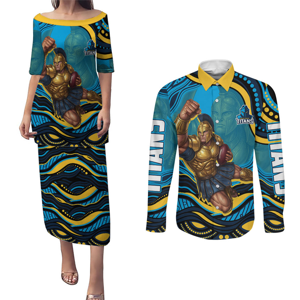 Personalized North Queensland Cowboys Couples Matching Puletasi and Long Sleeve Button Shirt Aboriginal Dot Art - Dreamtime Rugby Mascot