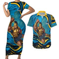 Personalized North Queensland Cowboys Couples Matching Short Sleeve Bodycon Dress and Hawaiian Shirt Aboriginal Dot Art - Dreamtime Rugby Mascot