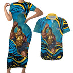Personalized North Queensland Cowboys Couples Matching Short Sleeve Bodycon Dress and Hawaiian Shirt Aboriginal Dot Art - Dreamtime Rugby Mascot