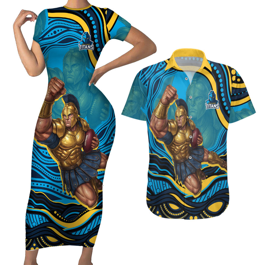 Personalized North Queensland Cowboys Couples Matching Short Sleeve Bodycon Dress and Hawaiian Shirt Aboriginal Dot Art - Dreamtime Rugby Mascot
