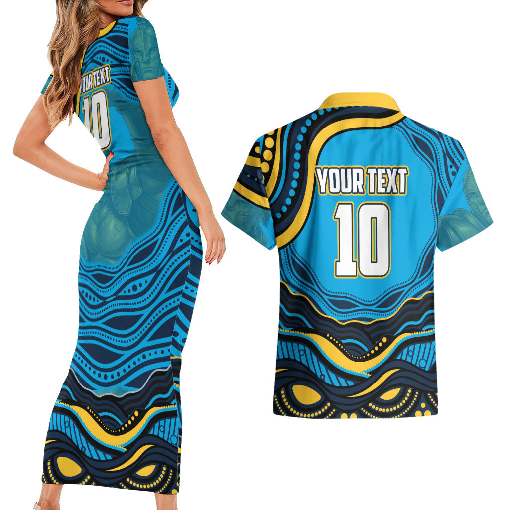 Personalized North Queensland Cowboys Couples Matching Short Sleeve Bodycon Dress and Hawaiian Shirt Aboriginal Dot Art - Dreamtime Rugby Mascot