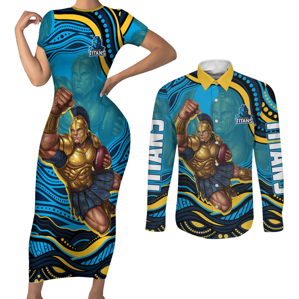 Personalized North Queensland Cowboys Couples Matching Short Sleeve Bodycon Dress and Long Sleeve Button Shirt Aboriginal Dot Art - Dreamtime Rugby Mascot