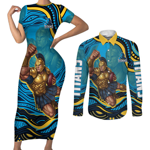 Personalized North Queensland Cowboys Couples Matching Short Sleeve Bodycon Dress and Long Sleeve Button Shirt Aboriginal Dot Art - Dreamtime Rugby Mascot