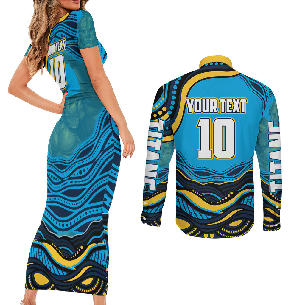Personalized North Queensland Cowboys Couples Matching Short Sleeve Bodycon Dress and Long Sleeve Button Shirt Aboriginal Dot Art - Dreamtime Rugby Mascot