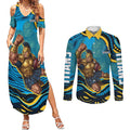 Personalized North Queensland Cowboys Couples Matching Summer Maxi Dress and Long Sleeve Button Shirt Aboriginal Dot Art - Dreamtime Rugby Mascot