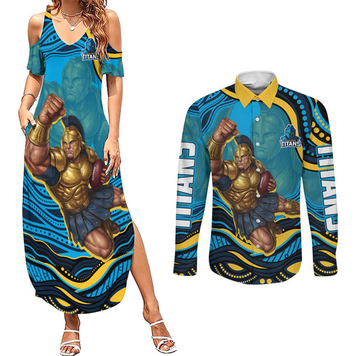 Personalized North Queensland Cowboys Couples Matching Summer Maxi Dress and Long Sleeve Button Shirt Aboriginal Dot Art - Dreamtime Rugby Mascot