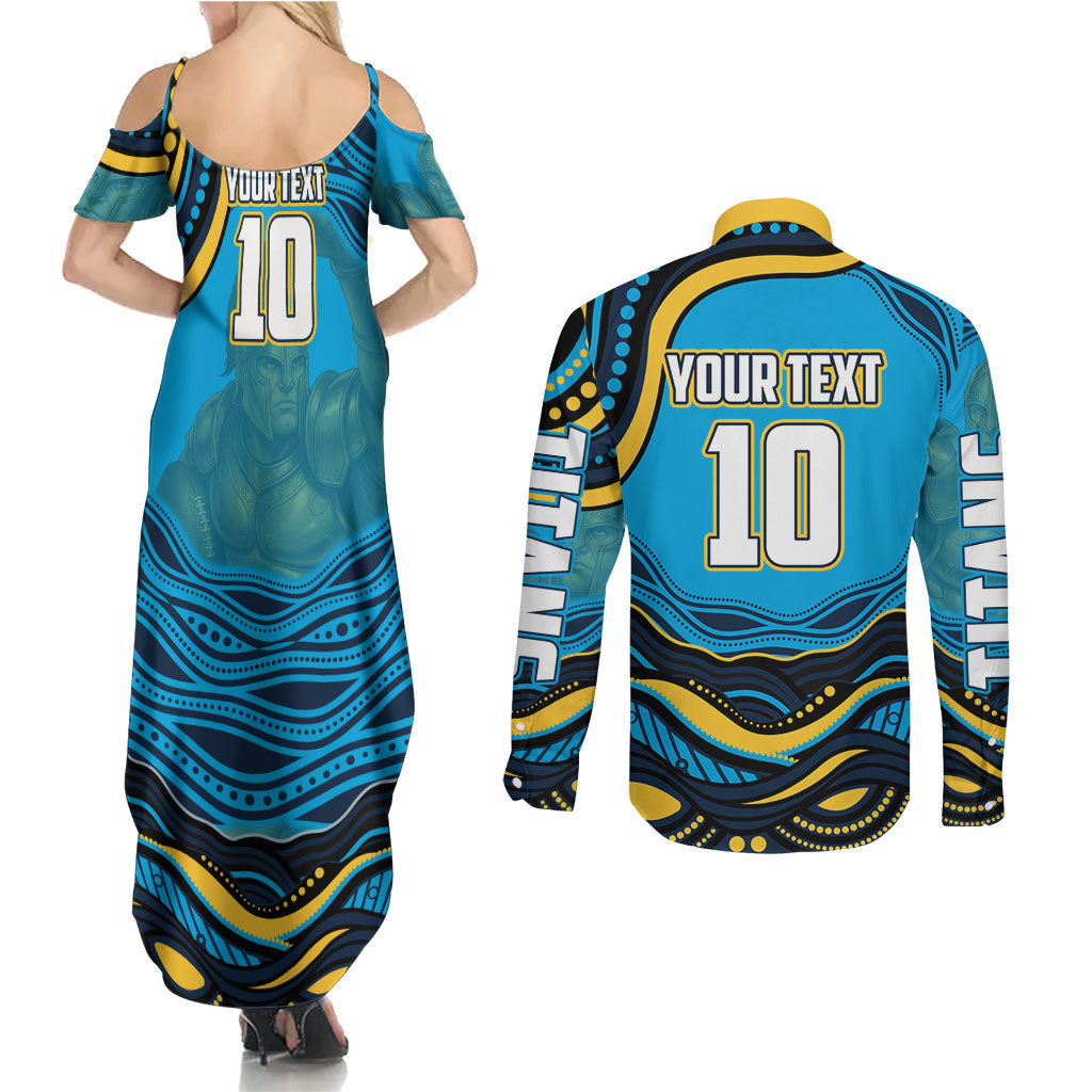 Personalized North Queensland Cowboys Couples Matching Summer Maxi Dress and Long Sleeve Button Shirt Aboriginal Dot Art - Dreamtime Rugby Mascot