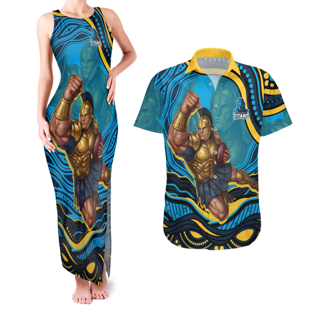 Personalized North Queensland Cowboys Couples Matching Tank Maxi Dress and Hawaiian Shirt Aboriginal Dot Art - Dreamtime Rugby Mascot