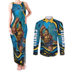 Personalized North Queensland Cowboys Couples Matching Tank Maxi Dress and Long Sleeve Button Shirt Aboriginal Dot Art - Dreamtime Rugby Mascot