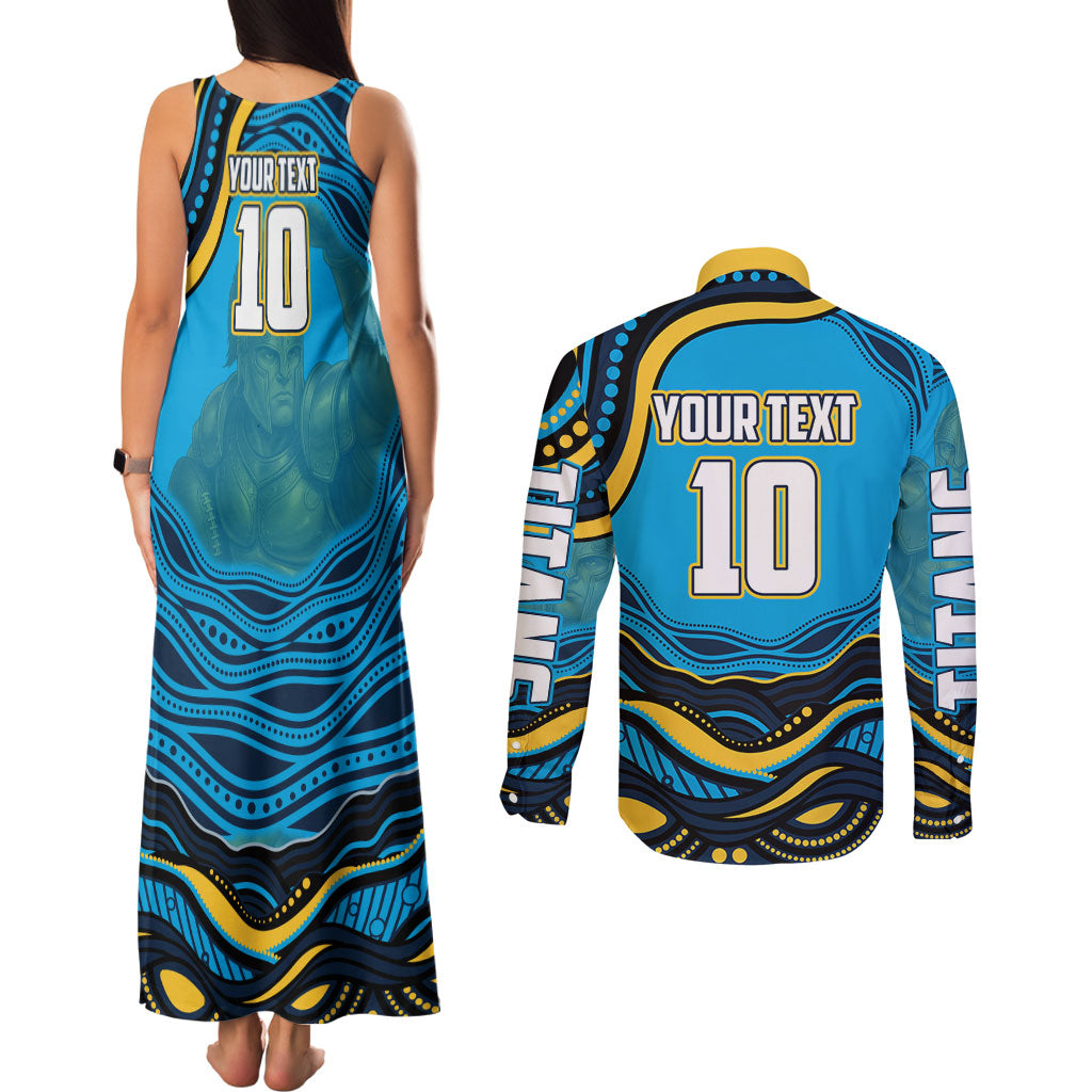 Personalized North Queensland Cowboys Couples Matching Tank Maxi Dress and Long Sleeve Button Shirt Aboriginal Dot Art - Dreamtime Rugby Mascot
