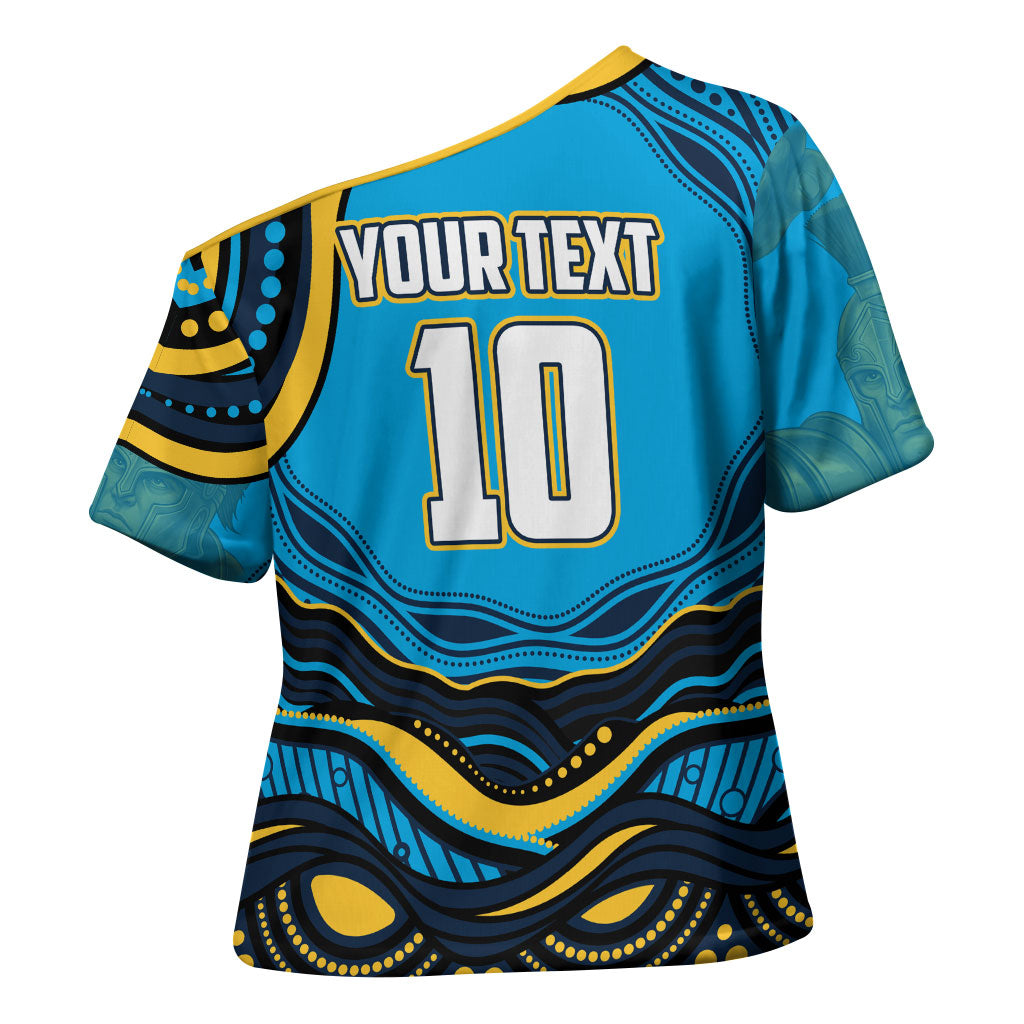 Personalized North Queensland Cowboys Cross Shoulder Shirt Aboriginal Dot Art - Dreamtime Rugby Mascot