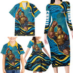 Personalized North Queensland Cowboys Family Matching Long Sleeve Bodycon Dress and Hawaiian Shirt Aboriginal Dot Art - Dreamtime Rugby Mascot