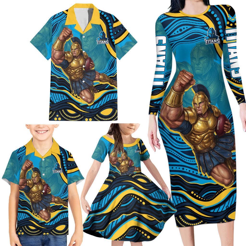 Personalized North Queensland Cowboys Family Matching Long Sleeve Bodycon Dress and Hawaiian Shirt Aboriginal Dot Art - Dreamtime Rugby Mascot