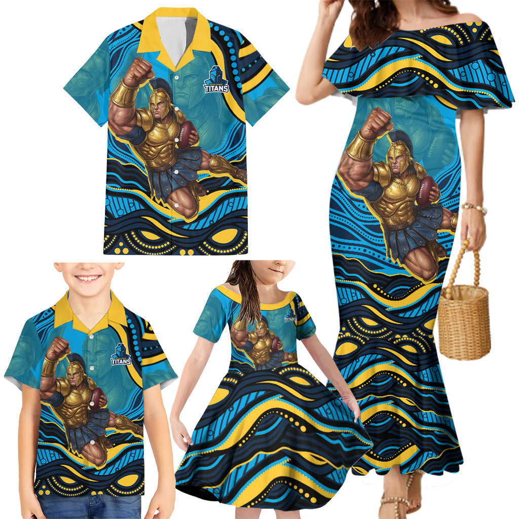 Personalized North Queensland Cowboys Family Matching Mermaid Dress and Hawaiian Shirt Aboriginal Dot Art - Dreamtime Rugby Mascot