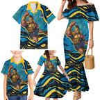 Personalized North Queensland Cowboys Family Matching Mermaid Dress and Hawaiian Shirt Aboriginal Dot Art - Dreamtime Rugby Mascot