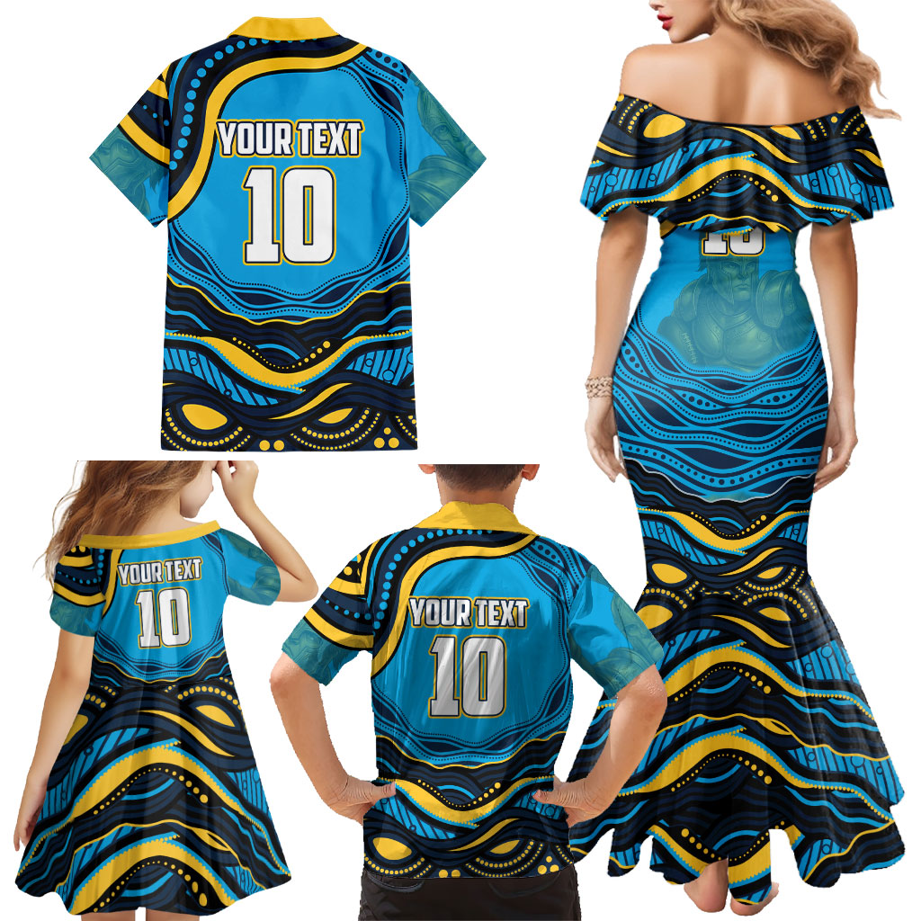 Personalized North Queensland Cowboys Family Matching Mermaid Dress and Hawaiian Shirt Aboriginal Dot Art - Dreamtime Rugby Mascot