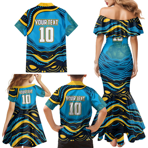 Personalized North Queensland Cowboys Family Matching Mermaid Dress and Hawaiian Shirt Aboriginal Dot Art - Dreamtime Rugby Mascot