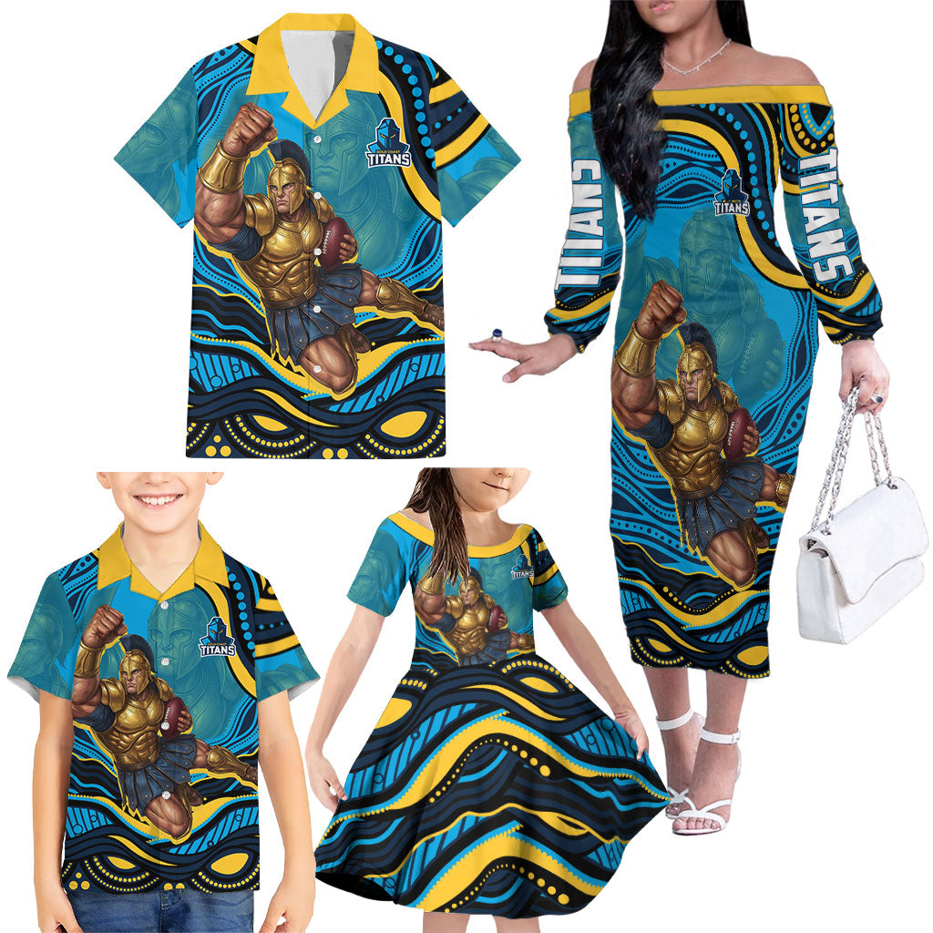 Personalized North Queensland Cowboys Family Matching Off The Shoulder Long Sleeve Dress and Hawaiian Shirt Aboriginal Dot Art - Dreamtime Rugby Mascot