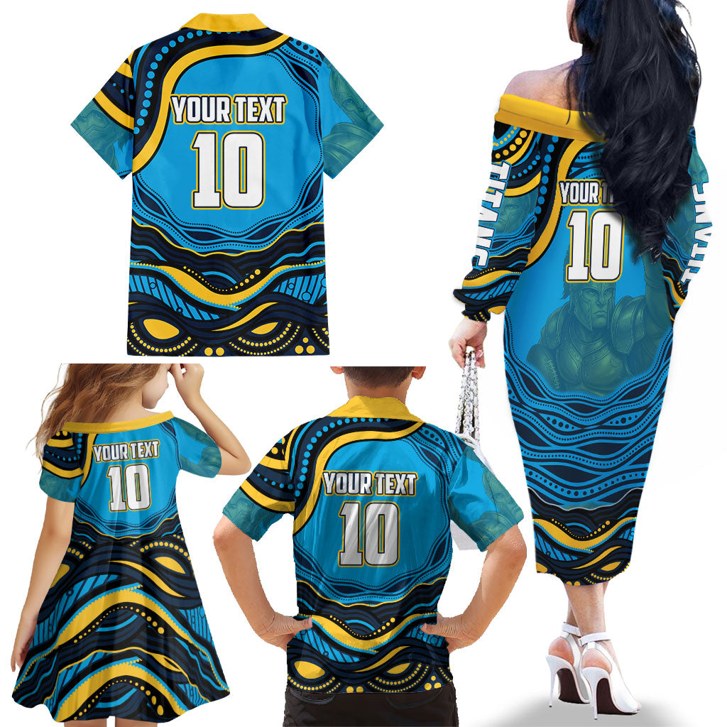 Personalized North Queensland Cowboys Family Matching Off The Shoulder Long Sleeve Dress and Hawaiian Shirt Aboriginal Dot Art - Dreamtime Rugby Mascot