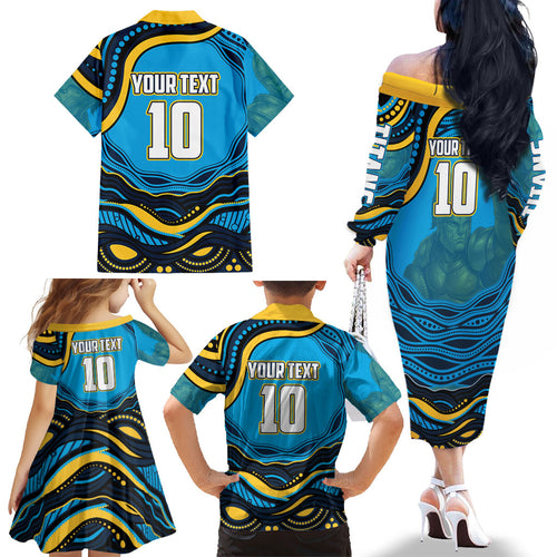 Personalized North Queensland Cowboys Family Matching Off The Shoulder Long Sleeve Dress and Hawaiian Shirt Aboriginal Dot Art - Dreamtime Rugby Mascot