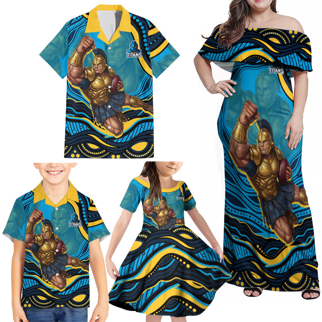 Personalized North Queensland Cowboys Family Matching Off Shoulder Maxi Dress and Hawaiian Shirt Aboriginal Dot Art - Dreamtime Rugby Mascot