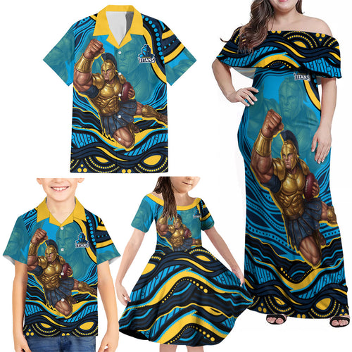 Personalized North Queensland Cowboys Family Matching Off Shoulder Maxi Dress and Hawaiian Shirt Aboriginal Dot Art - Dreamtime Rugby Mascot